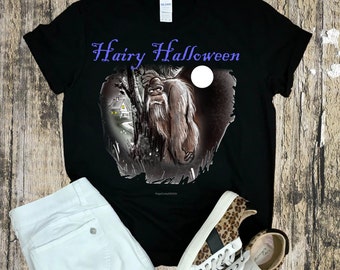 HAIRY HALLOWEEN Short-Sleeve Unisex T-Shirt, Funny Halloween Shirt, Bigfoot Shirt, Full Moon, Sasquatch  Tee, Halloween Trick or Treat Shirt