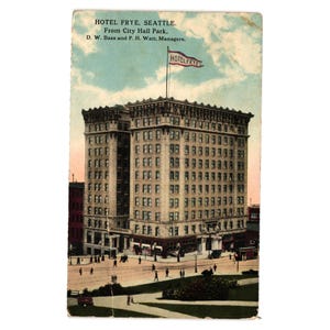 Vintage Hotel Frye Seattle Postcard City Hall Park Collectible Marketing Photo
