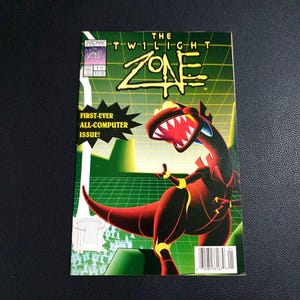 May include: A comic book cover for "The Twilight Zone" features a red dinosaur illustration with sharp teeth against a green grid background. The title is in yellow, and the cover includes the text "FIRST-EVER ALL-COMPUTER ISSUE!"