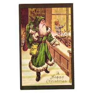 Cartão postal de feliz Natal antigo ecológico Papai Noel com casaco verde feriado reciclado