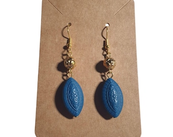 Gold Tone Hook Blue Earrings Textured Oval Beads Stylish Dangle Boho Jewelry