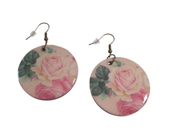 Pink Rose Print Lightweight Round Dangle Earrings Floral Design Hook Fastening Handmade