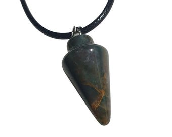 Green Stone Agate Pendant Necklace Black Cord Adjustable Jewelry Handmade Gift