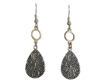 Elegant Dangle Earrings Silver Teardrop Pattern Gold Tone Accent Hook Jewelry