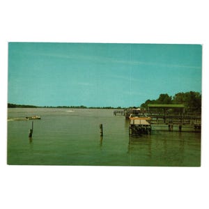 Cartolina d'epoca del fiume Mississippi, Moon Lake, Deep South, molo per barche, barca da pesca