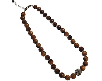 Tiger Eye Beaded Necklace Gold Clasp Rhinestone Accent Adjustable Chain Handmade