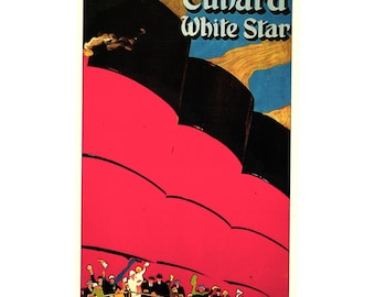 May include: Vintage travel poster featuring a large red ship with the text "Cunard White Star." The poster depicts a crowd of people waving from a deck, with a blue sky and yellow accents in the background.