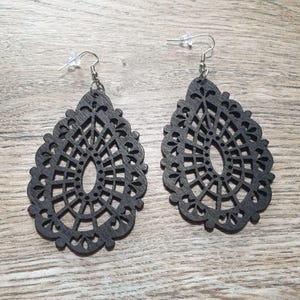 Black Laser Cut Teardrop Earrings Lightweight Filigree Hooks Women Boho Beach