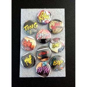 Comic Book Action Buttons Handmade Craft Character 1.25&quot; Fashion Collectable Pin
