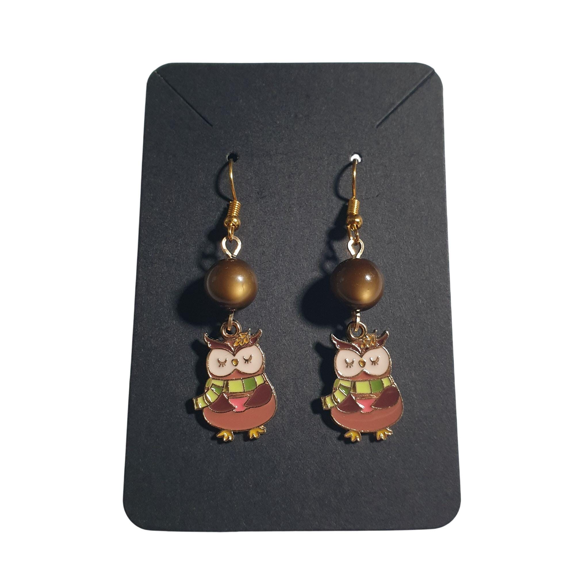 Owl Dangle Earrings Brown Enamel Gold Hook Boho Autumn Charm Beads Unique Animal