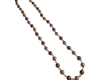 Pearl Beaded Necklace Brown Champagne Pink Crystals 24 In Lobster Clasp RMN Gift