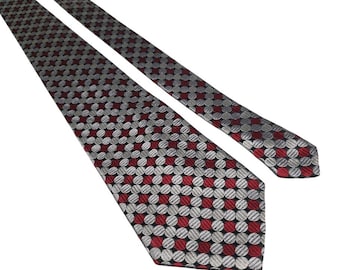 Geoffrey Beene Mens Silk Necktie Gray Maroon Black Circles Handmade Office Work