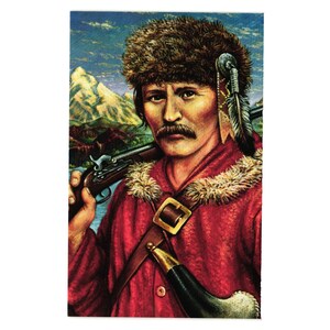 May include: Vintage illustration of a frontiersman with a fur hat and red coat, holding a rifle. The portrait features a man with a mustache, set against a backdrop of mountains and a lake. A decorative feather adorns his hat.