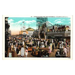 Vintage Atlantic City NJ Steeplechase Pier Boardwalk Postcard Ludzie Fair Cart