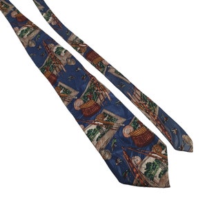 May include: A blue necktie with a repeating pattern of fishing scenes. The design includes fishing rods, baskets, and landscape elements in shades of brown, green, and beige. The tie is angled against a white background.