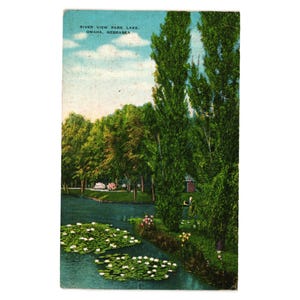 Vintage River View Park Lake Omaha Nebraska carte postale 1945 timbre un cent