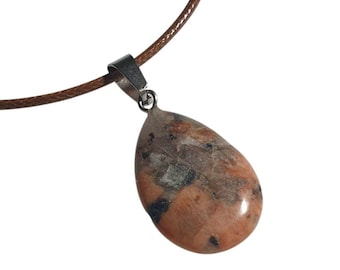 Tear Drop Jasper Pendant Necklace Adjustable Brown Cord Modern Minimalist Jewelry
