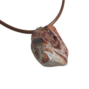 Natural Agate Polished Stone Pendant Necklace Brown Leather Cord Lobster Clasp