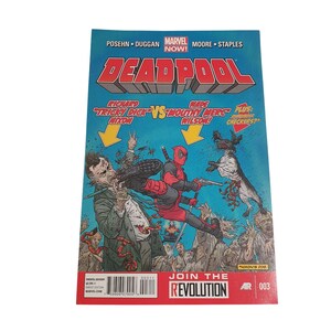 May include: A comic book cover for Deadpool, featuring a dynamic action scene with Deadpool in a red and black suit. The cover has the text "Deadpool" in large, bold letters, and the issue number is 003. The background is a vibrant blue.