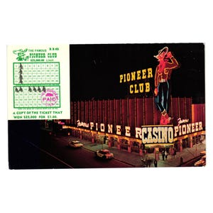 Cartolina d'epoca del Pioneer Club di Las Vegas, souvenir panoramico del casinò e gioco d'azzardo