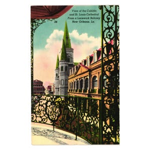 Vintage New Orleans Postkarten-Blick auf St. Louis Kathedrale Cabildo Lacework Balkon