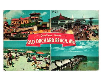 Carte postale souvenir vintage 1963 Greetings Old Orchard Beach Maine estampée Lincoln