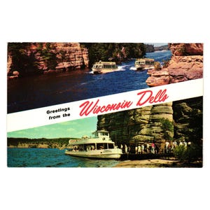 Cartolina d'epoca di Wisconsin Dells, H.H. Bennett Studio, con tour panoramici in barca