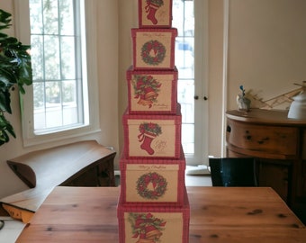 Holiday Nesting Gift Boxes Christmas Chipboard Containers Tower Stocking Wreath