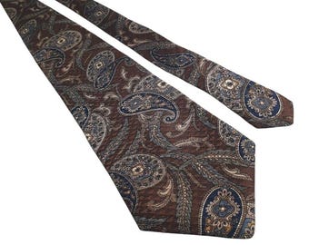 Halston Silk Paisley Tie Brown Blue Vintage Men Neckwear Office Work Dad Gift