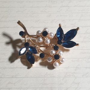 Gold Tone Floral Brooch Blue Crystal Faux Pearl Accents Costume Gift Grandma Mom