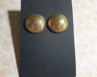 Gold Tone Round Textured Dome Stud Earrings Lightweight Push Back Design Retro