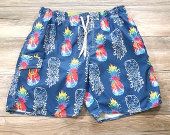 Mens Newport Blue Pineapple Swim Trunks Elastic Waist Mesh Drawstring Rainbow
