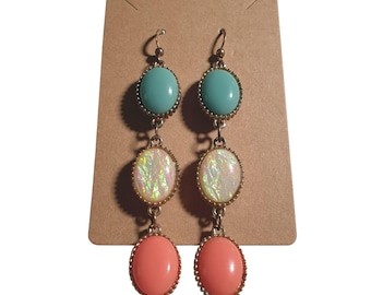 Vintage Dangle Earrings Gold Tone Teal Coral Iridescent Beaded Drop Hook Back