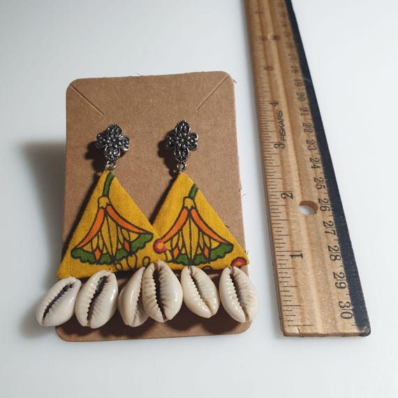African Print Yellow Triangle Shell Earrings Vibr… - image 3