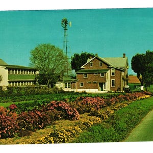 Carte postale Salutations du pays amish avec jardin de fleurs de moulin à vent, Pennsylvanie