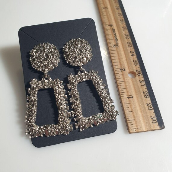 Rectangular Dangle Earrings Silver Tone Textured … - image 3