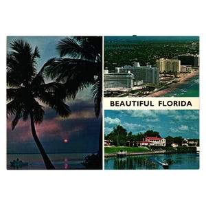 Vintage montage carte postale Floride coucher de soleil tropical bord de mer hôtels maisons canal