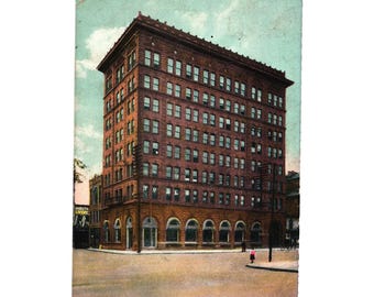 Postal antigua del Banco de Ahorros de Youngstown, Ohio, 1911, con matasellos del edificio