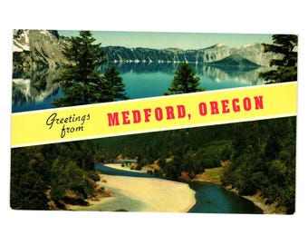 Greetings From Medford Oregon Postcard Crater Lake Roadside Attraction Mountains