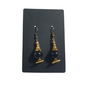 Elegant Black Gold Tone Dangle Earrings Beaded Detail Hook Backing Floral