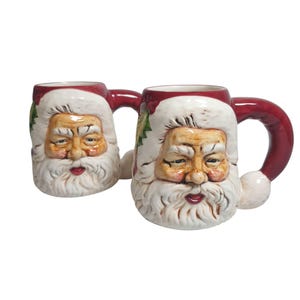 Vintage 1996 Santa Claus Coffee Cup Display Set of 2 Hand Painted Holiday CHIPS