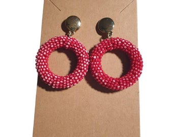 Beaded Loop Dangle Earrings Red White Handmade Gold Posts Lightweight Jewelry
