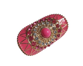 Gold Tone Pink Enamel Gemstone Knuckle Ring Adjustable Rhinestone Oval Shape