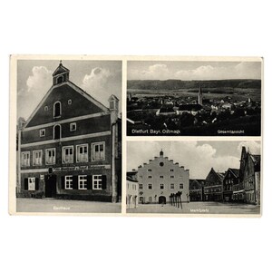 May include: Vintage postcard featuring three black and white images. The top left shows a building labeled "Gasthaus". The top right depicts a town with the text "Dietfurt Bayr. Ostmact". The bottom image is of a town square labeled "Marktplatz".