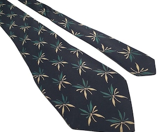 Robert Stewart Mens Silk Tie Navy Green Gold Floral Leaf Print Vintage Office