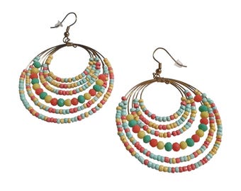 Colorful Multilayered Beaded Hoop Earrings Boho Jewelry Lightweight Beach Core