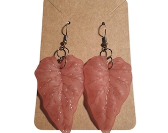 Pink Leaf Shaped Dangle Earrings Hooks Lightweight Fall Boho Handmade Jewelry