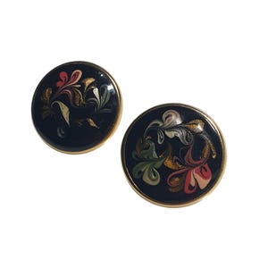 Vintage Hand Painted Enamel Clip On Earrings With Gold Tone Backing 1.25 Inches