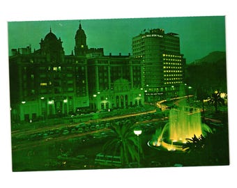 Vintage Postcard Plaza Queipo De Llano Hotel Malaga Palacio Costa Del Sol Night