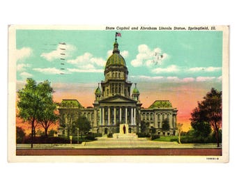 Vintage Springfield Illinois State Capitol Postcard 1950 Linen Lincoln Statue